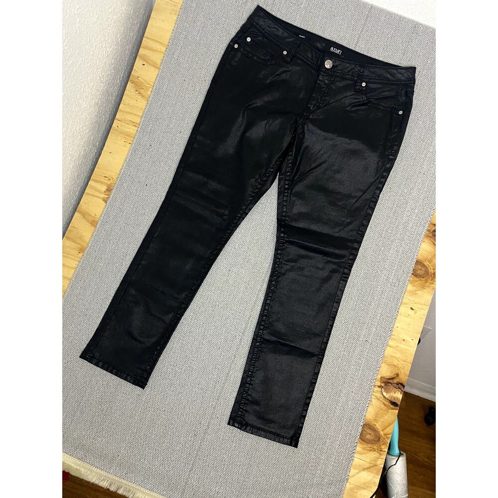 a.n.a Petite Coated Jeans Womens 12P 34X28 Black Wax Skinny Gloss Stretch Biker - Picture 6 of 13